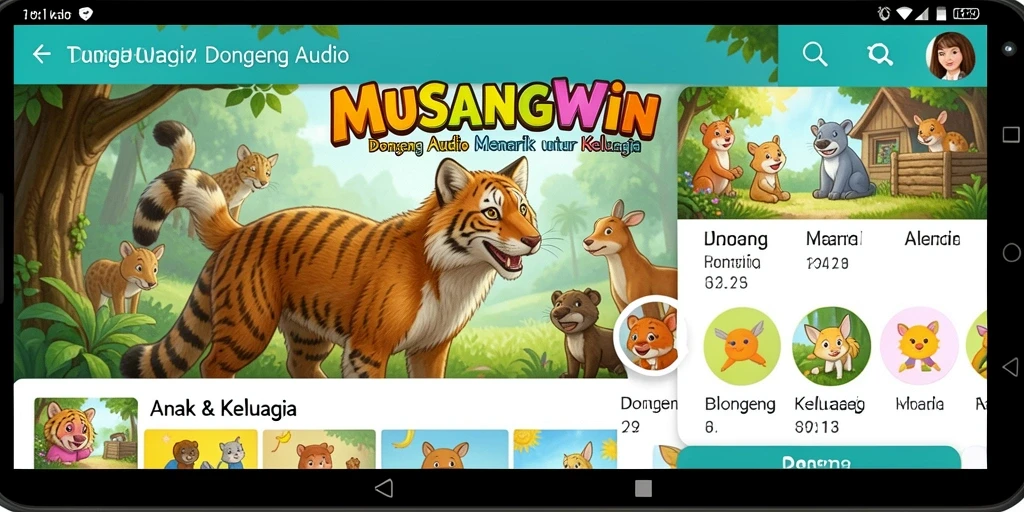 Tampilan antarmuka <strong>MUSANGWIN</strong> dengan berbagai pilihan dongeng audio.